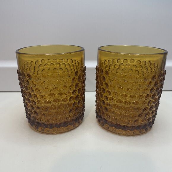 A Pair Hobbs Brockunier? Dew Drop Tumblers France Glass Hobnail 3.25”H Amber - Picture 1 of 12